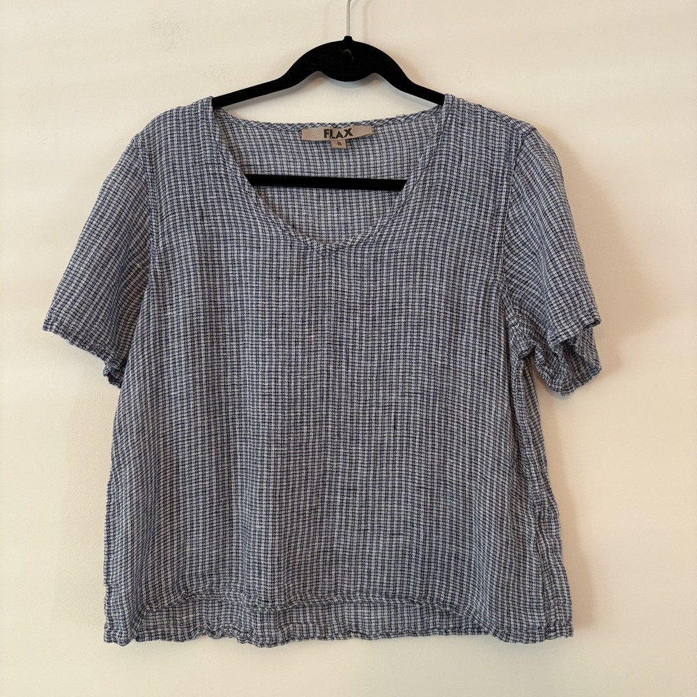 FLAX 100% Linen Textured Short Sleeve Shirt S Lagenlook Minimalist Artsy Granola
